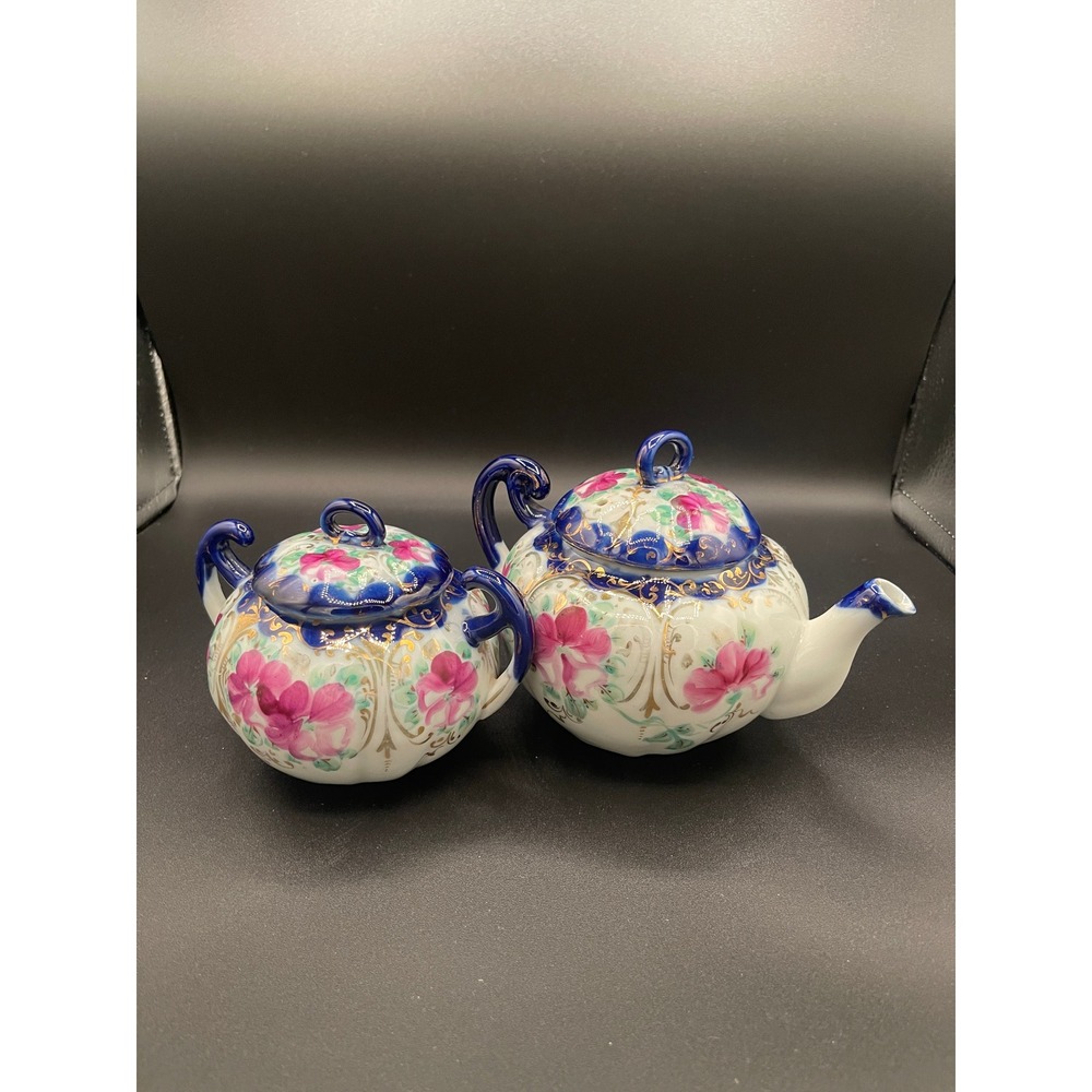Vintage Porcelain Nippon Floral Teapot Sugar Bowl Set Cobalt Blue Gold Gilt Trim